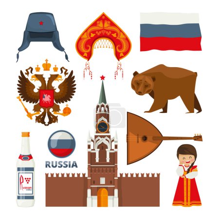 Illustration for Set of different traditional national symbols of russia moscow. Vector russian culture and architecture, bear and balalaika illustration - Royalty Free Image