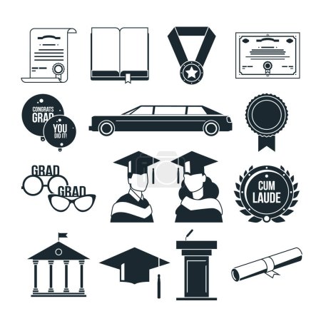 Illustration for Students graduation party in monochrome style. Black vector icons set. University or college graduate, certificate graduation illustration - Royalty Free Image
