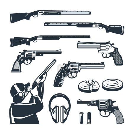 Ilustración de Conjunto vectorial de imágenes monocromáticas de diferentes armas y accesorios para club de tiro. Ilustración de fusil de armas y disparos de armas - Imagen libre de derechos
