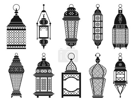Téléchargez les illustrations : Silhouette vectorielle de lanternes arabes vintage et lampes isolent sur fond blanc. Lanterne noire pour ramadan, illustration de lanterne monochrome - en licence libre de droit