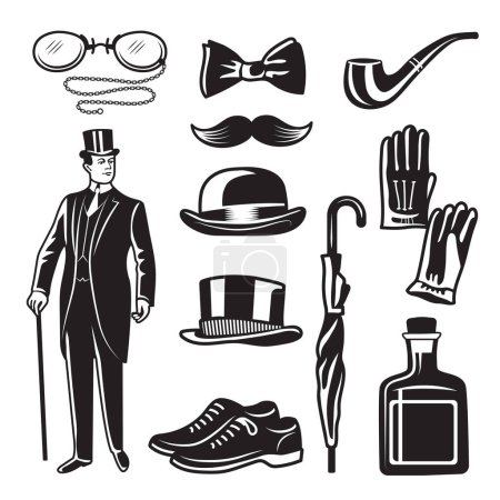 Illustration for Victorian style monochrome illustrations for gentleman club. Vector pictures set. English gentleman clothing in suit, accessories umbrella and gloves - Royalty Free Image