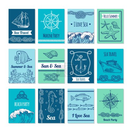 Illustration for Design template of cards with marine symbols in vector stale. Nautical illustrations with place for your text. Nautical marine card, sea and sun banner - Royalty Free Image