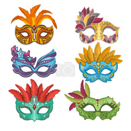 Illustration for Woman masks with feathers for masquerade. Collection of masquerade mask, carnival venetian. Vector illustration - Royalty Free Image