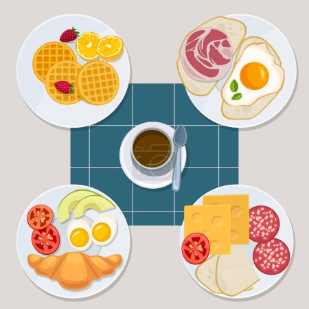 Illustration for Breakfast food. Healthy everyday products menu croissant pancakes eggs sandwich milk juice vector cartoon style. Illustration healthy sandwich, bacon and dessert - Royalty Free Image
