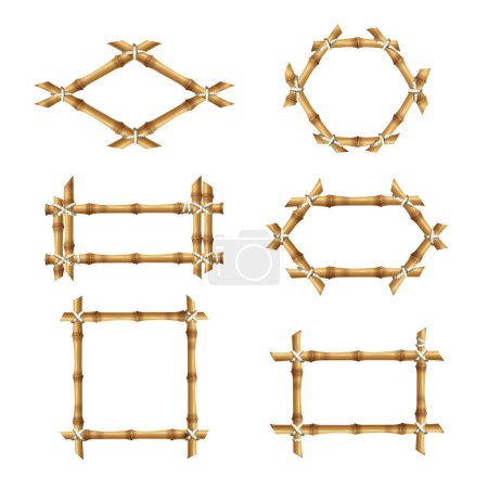 Illustration for Bamboo frames. Wooden rustic asian banners template bamboo stick vector collections. Illustration bamboo frame with rope, space empty - Royalty Free Image