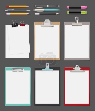 Illustration for Clipboard. Office supplies blank sheet notes on tablet vector clipboard realistic collection. Clipboard and sheet, pencil nd pen for office illustration - Royalty Free Image