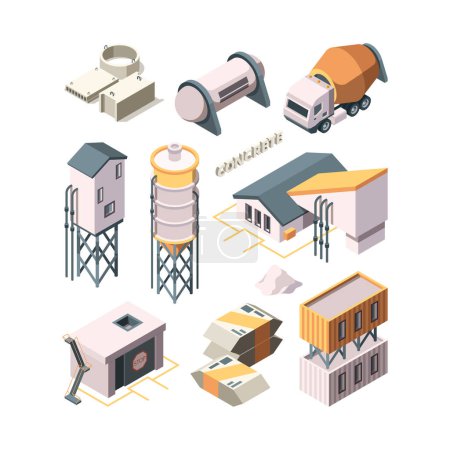 Illustration for Concrete production. Cement factory industry material technology concrete mixer transport tanks vector isometric. Industry cement building, production concrete - Royalty Free Image