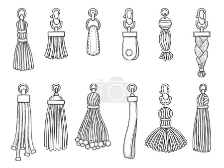 Illustration for Handbags accessories. Leather textile technician knot trinket threads fashion items vector illustrations. Leather accessory pendant isolated hand draw - Royalty Free Image