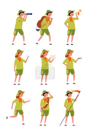 Illustration for Kids scouts. Childrens specific uniform camping characters boys and girls vector characters. Scout uniform cartoon, happy teens adventure illustration - Royalty Free Image