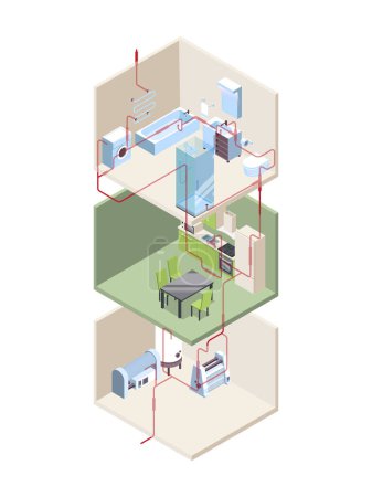 Illustration for Pipes installation. House crossection with hot and cold water pipes modern systems vector isometric. Pipeline cross section, construction installation illustration - Royalty Free Image