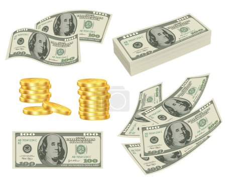 Illustration for Money. Dollars cash gold prize banknotes roll cards vector realistic pictures of money. Cash dollar, currency money illustration - Royalty Free Image