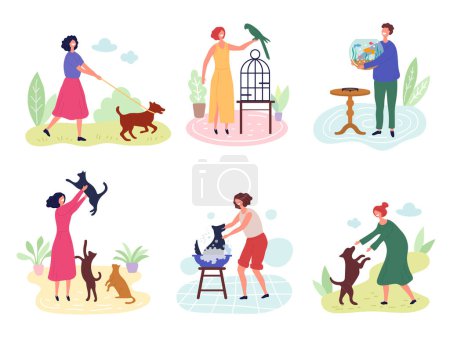 Ilustración de Gente con mascotas. Perro gatos peces pájaros conejos amor para animales domésticos vector caracteres. Ilustración de aves y peces, perro y gato con propietario - Imagen libre de derechos