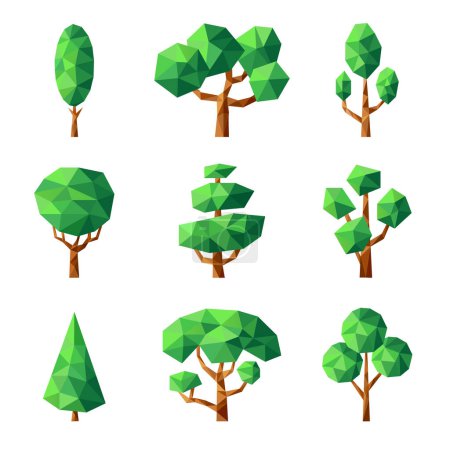 Illustration for Poly tree. Green nature season plants vector stylized geometrical forms low poly pictures. Illustration geometric tree plant, green forest polygon graphic - Royalty Free Image