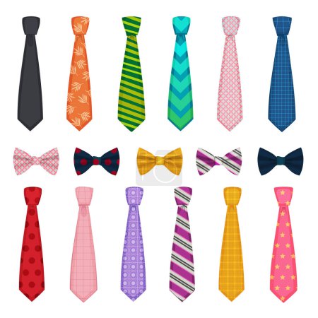 Illustration for Tie and bows. Colored fashion clothes accessories for men shirts suits vector collections of ties. Tie bow and necktie, man accessory clothes illustration - Royalty Free Image