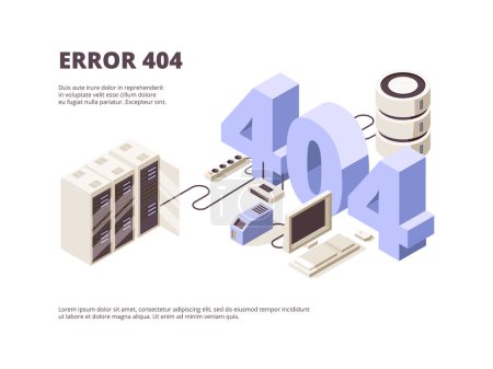 Téléchargez les illustrations : 404 pages. Problèmes d'hébergement d'erreur de technologie Web serveur informatique chute vectoriel atterrissage disposition isométrique. Page Internet avec illustration d'erreur 404 - en licence libre de droit