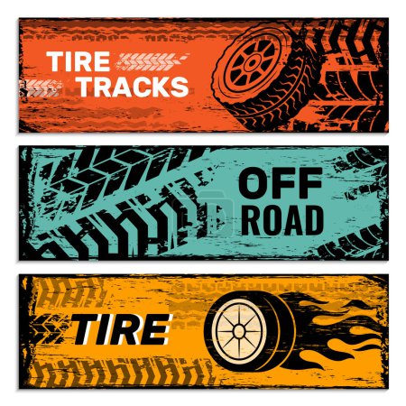 Illustration for Wheels banners. Tires on road protector car dirt traces vector grunge graphics. Illustration poster card, web automobile service - Royalty Free Image