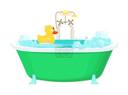 Ilustración de Baño pato amarillo. Relajarse burbujas de espuma de agua con caucho pato ducha vector imagen fondo de dibujos animados. Ilustración baño con pato amarillo en espuma - Imagen libre de derechos