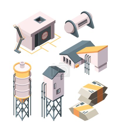 Illustration for Cement production. Heavy industry concrete transport mixer and tanks vector isometric collection. Industry construction for cement production illustration - Royalty Free Image