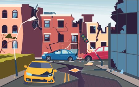 Illustration for Damaged urban landscape. Nature cataclysm city destroyed quake urbanization problems cracked ground roads vector picture. After earthquake city, destruction building and road illustration - Royalty Free Image