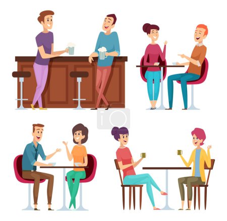Illustration for Friends meeting. Happy group people relaxing in cafe restaurant bar meeting sitting and smiling friends vector characters. Group people friend sitting in pub illustration - Royalty Free Image