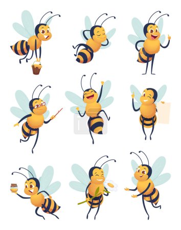 Téléchargez les illustrations : Abeille chérie. Caractères de bande dessinée volant insecte nature dans différentes poses livraison abeille vecteur mascotte. Insecte abeille volante, pose de mascotte illustration apiculture - en licence libre de droit
