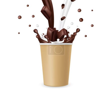 Téléchargez les illustrations : Du chocolat chaud. Des éclaboussures réalistes de chocolat au lait et enlèvent l'illustration vectorielle de tasse en papier. Boisson au lait au chocolat, tasse de boisson au café - en licence libre de droit