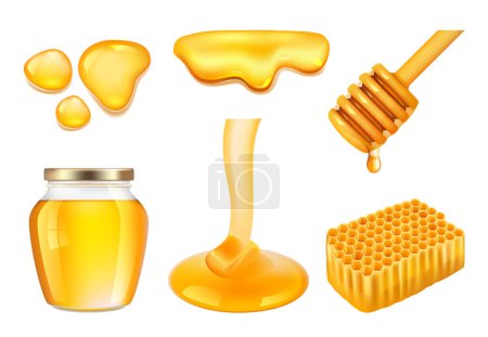 Ilustración de Tarro de miel. Salpicaduras pegajosas doradas o amarillas de miel de granja e ilustraciones realistas de vectores de panal. Miel dulce, naturaleza dorada comida orgánica - Imagen libre de derechos