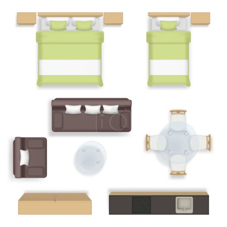 Illustration for Interior top view. Living bedroom bathroom house supplies sofa chairs table wardrobe furniture vector realistic. Comfort room interior, top view furniture illustration - Royalty Free Image