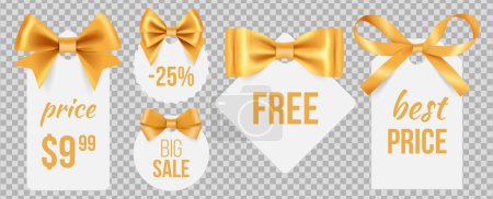 Illustration for Sale tags. Gold silk bows and promo badges. Vector holidays sale labels with decorative satin ribbons isolated on transparent background. Illustration sale free, satin label to marketing - Royalty Free Image