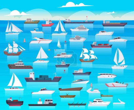 Illustration for Ship in sea. Sailing boats and passenger cruise ship travel in ocean cargo submarine and yacht vector background cartoon. Transport boat and tanker, shipping transportation raid sea illustration - Royalty Free Image