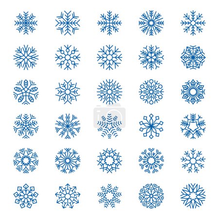 Ilustración de Colección de copos de nieve. Navidad decoración nieve símbolos logo diseño copos de nieve vector gráfico elementos. Ilustración hielo frío, invierno copo de nieve color azul tradicional - Imagen libre de derechos