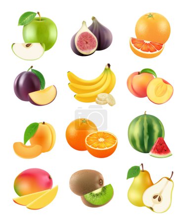 Ilustración de Frutas en rodajas. Vegetariano alimentos agricultura objetos ciruela naranja plátano pera kiwi albaricoque manzana naranja vector realista. Plátano y frutas, alimentos ilustración saludable - Imagen libre de derechos