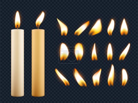 Velas de cera. Luces románticas de llama de vela diferentes formas de colección realista vector de fusibles. Ilustración vela romántica, iluminación fuego
