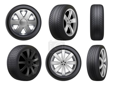 Illustration for Wheels realistic. Tyres road maintenance vector automobile 3d automobile items collection. Auto wheel tyre, equipment item for car, realistic black rubber tyre illustration - Royalty Free Image