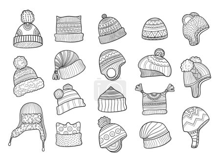 Illustration for Winter doodle hat. Clothes flapping ears warm hat with fur knitted vector sketches illustrations. Clothes and cap, scarf knitted, clothing accessories sketch knitwork - Royalty Free Image