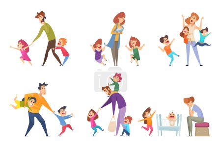 Illustration for Active kids. Big family tired parents playing with children adult in action poses vector cartoon characters. Illustration tired parent with kids,, fatherhood and motherhood - Royalty Free Image