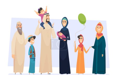Illustration for Arabic family. Male and female muslim happy persons father mother kids and elders seniors vector saudi people. Muslim family father mother with boy, girl illustration - Royalty Free Image