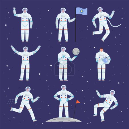 Ilustración de Personajes de astronautas. Spaceman personas en acción plantea en general traje de la ropa profesional cosmonauta vector. Traje de traje, personaje del astronauta en la ilustración del casco - Imagen libre de derechos