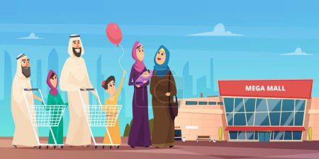 Illustration for Arabic family shopping. Muslim happy characters going to market saudi clothing vector cartoon background. Arab family, muslim people do shopping illustration - Royalty Free Image