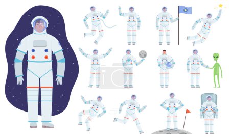 Téléchargez les illustrations : Costume de cosmonaute. Vêtements professionnels d'astronaute vecteur caractères plats en action pose. Astronaute ou cosmonaute en costume, costumier astronaute illustration professionnelle - en licence libre de droit