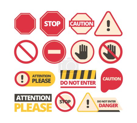 Illustration for Attention signs. Stop walking and of route dont disturb help signals vector admittance signboards collection. Attention and danger, safety and warning stop icon, restriction symbol illustration - Royalty Free Image