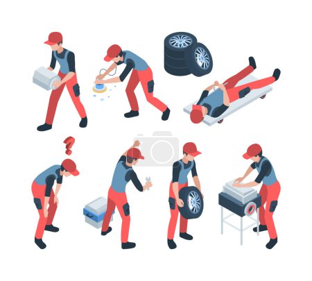 Illustration for Auto service staff. People repairing engine wheels charging parts washing cars mechanic service workers vector isometric persons. Auto car staff, service mechanic transportation illustration - Royalty Free Image