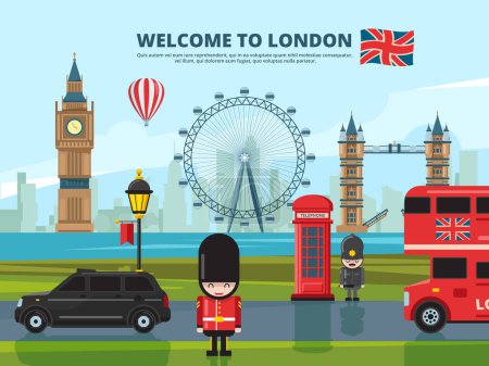 Téléchargez les illustrations : Illustration vectorielle de fond avec paysage urbain londonien. Angleterre et au Royaume-Uni. Tour de Londres urbaine, architecture anglicane historique - en licence libre de droit