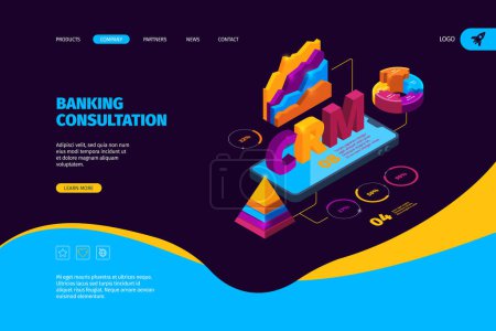 Illustration for Crm isometric. Business landing page with organization tools and graphs sales systems customer client service software crm marketing vector concept. Crm online for business, automation illustration - Royalty Free Image