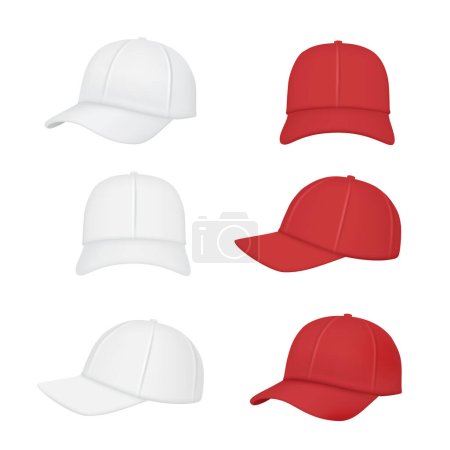 Illustration for Baseball cap. Sport clothes realistic mockup front back side of caps vector collection. Illustration baseball hat template, view cap side mockup - Royalty Free Image