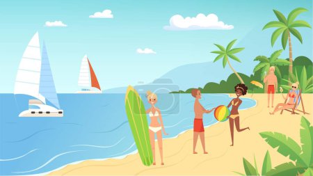 Illustration for Beach vacation. Summertime, young people with cocktails, ball and surfboard on sea. Ocean relax vector illustration. Summer beach, woman and man holiday outdoor summertime - Royalty Free Image