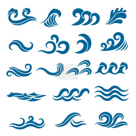 Ilustración de Gran conjunto de olas oceánicas estilizadas. Conjunto de vectores de colores. Ola de agua de mar, océano que fluye e ilustración remolino - Imagen libre de derechos
