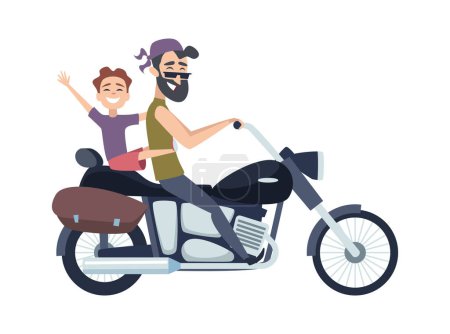 Illustration for Biker on motorcycle. Father rolls son on scooter. Happy cartoon fathers weekend vector illustration. Father with son by motorcycle, motorbike rider - Royalty Free Image