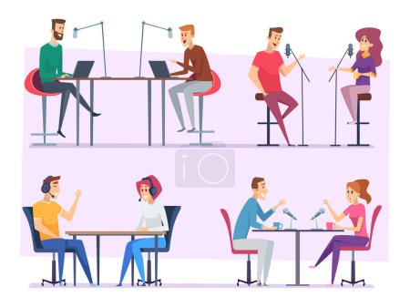Illustration for Broadcast characters. Radio show people studio making sound and music microphone vector illustration set. Radio show broadcast, music studio with microphone - Royalty Free Image