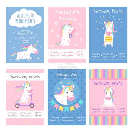 Illustration for Cards invitations. Design template cards with pictures of cute unicorns. Animal character, fairytale horse, fantasy creature in poster for birthday. Vector illustration - Royalty Free Image